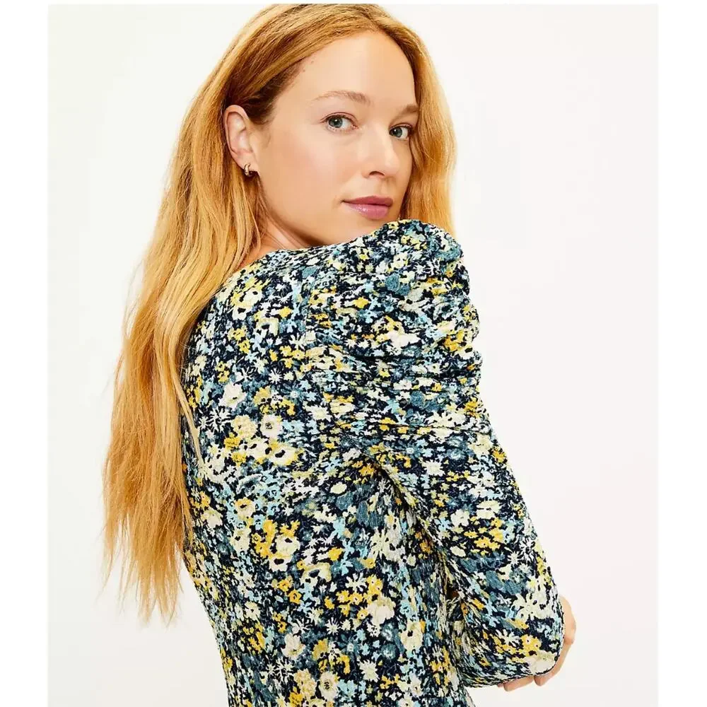 LOFT  Floral Shirred Puff Sleeve Long Sleeve Blouse Top // S